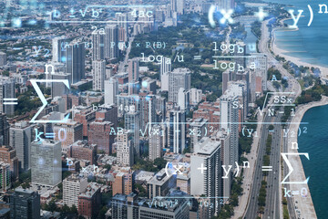 Aerial city panorama, Chicago downtown area and Lake, day time, Illinois, USA. Birds eye view, skyscrapers, financial district. Education concept. Academic research, top ranking universities, hologram