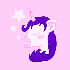 Unicorn head sleeping cute in pastel colors with stars on pink background vector. Cute pink unicorn head vector illustration pink color tone..