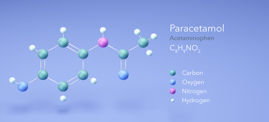 paracetamol, acetaminophen, molecular structures, 3d rendering, Structural Chemical Formula and Atoms with Color Coding