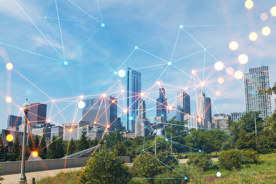 Chicago skyline, Butler Field towards financial district skyscrapers, day time, Illinois, USA. Parks and gardens. Social media hologram. Concept of networking and establishing new people connections