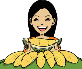 : cartoon woman eating a lot of durian balls
