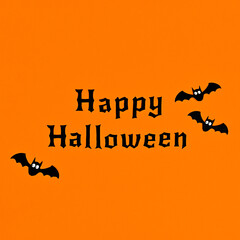 Simple minimal Happy Halloween greeting card with text and bats on orange background. Flat lay