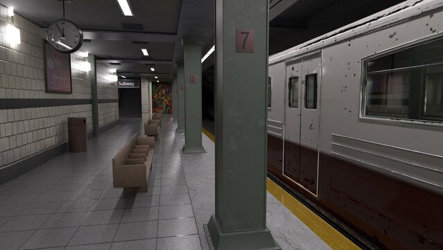 3D-illustration of an empty and abandoned subway station