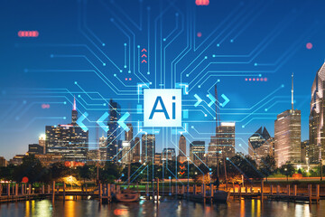 Downtown skyscrapers city view, Chicago skyline panorama over Lake Michigan, harbor area, night time, Illinois, USA. Artificial Intelligence concept. AI, machine learning, neural network, robotics