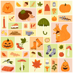 Autumn season set vector illustration. Cartoon herbarium of forest tree leaves, candle and acorn, cute squirrel and hedgehog with apple, harvest for Thanksgiving party in geometric collage background