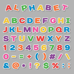 Vector flat alphabet with symbols and letters with bright multi-colored colors for children and school, with a fill in a square style.