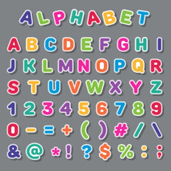Vector alphabet with signs and letters in a bright style with dotted strokes.