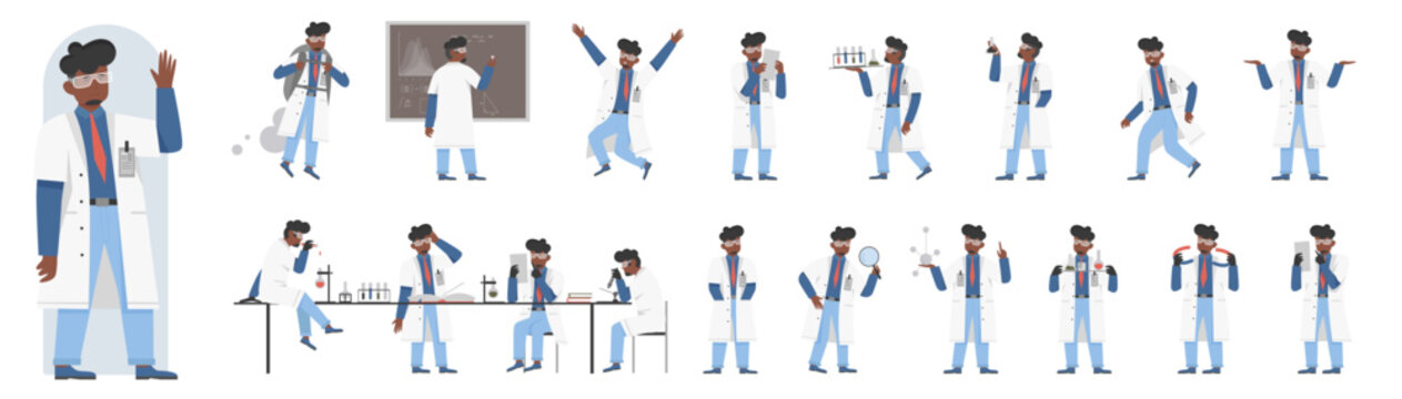 African american black male scientist poses in side, front and back view set vector illustration. Cartoon man chemist with beard, lab coat and glasses working with microscope, laboratory equipment