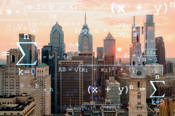 Aerial panoramic skyline of Philadelphia financial downtown, Pennsylvania, USA. City Hall Clock Tower at sunset. Technologies, education concept. Academic research, top ranking universities, hologram