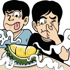 cartoon man who stinks so much durian that his headache doesn't like