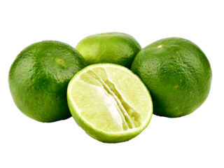 Ripe slice of green lime citrus fruit stand isolated on white background,element of food healthy nutrients and fruit healthy concept