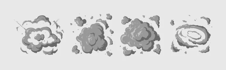 Plexiglas foto achterwand Vector smoke set explosion effects template. Cartoon steam clouds, mist, puff, fog, watery vapor, or dust explosion 2D VFX illustration. Clip art element for game, print, advertising and web design. © Very Well Studio