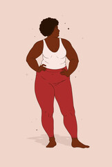Fototapeta na wymiar Plus size African American woman wearing yoga sport wear. Vector illustration of body positive vibes, fun, positive energy, lifestyle and fashion. Body positive concept. Attractive overweight model. 