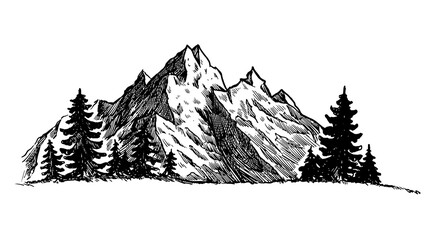 Mountain with pine trees and landscape black on white background. Hand drawn rocky peaks in sketch style.	