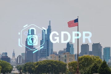 Summer day time cityscape of Philadelphia financial downtown, Pennsylvania, USA. City Hall neighborhood. GDPR hologram, concept of data protection regulation and privacy for all individuals in EU Area