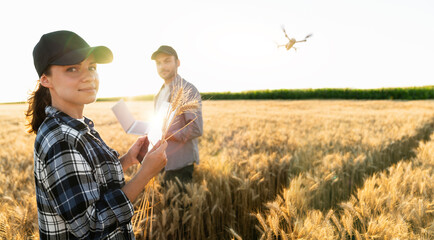 Two farmer with drone on the wheat field. Smart farming and precision agriculture