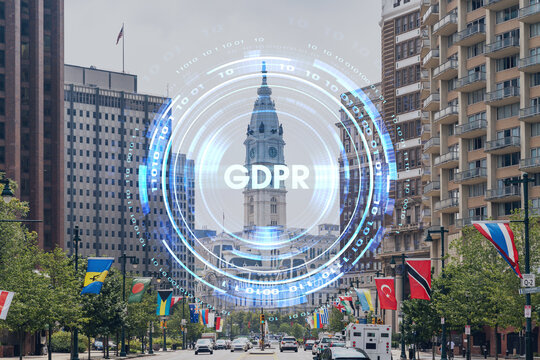 Summer day time cityscape of Philadelphia financial downtown, Pennsylvania, USA. City Hall neighborhood. GDPR hologram, concept of data protection regulation and privacy for all individuals in EU Area