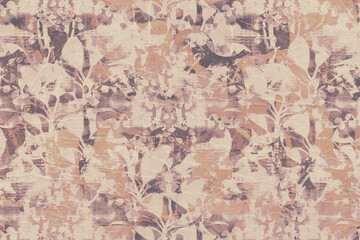 Background with crumpled old wallpaper with floral abstract pattern. Faded light nostalgic retro backdrop. Raster illustration