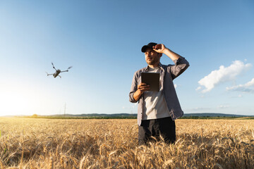 Farmer controls drone with a digital tablet. Smart farming and precision agriculture	