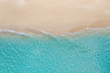 Relaxing aerial beach, summer vacation tropical Mediterranean landscape banner. Waves surf amazing...
