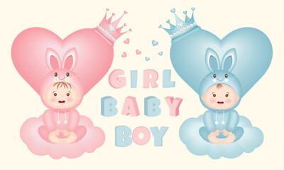 Obraz premium Baby shower, kids, boy, girl, newborn party, vector illustration for postcards, covers, posters, invitations