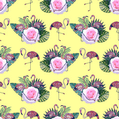 Fototapeta premium Seamless pattern of tropical leaves, roses and pink flamingos. Stock vector illustration eps10.