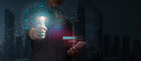 In order to acquire access to a private system. Biometric fingerprint scanning enables secure network access. On a visual screen, a person is employing finger print authentication technology.