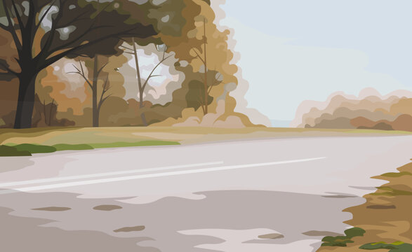 Autumn park with asphalt road, grass and trees. Vector illustration, EPS 10. The concept of a deserted landscape within the city. Flat stylization.