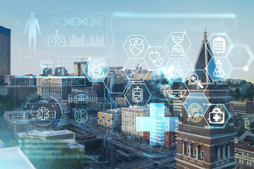 Seattle aerial skyline panorama of downtown at day time, Washington USA. Health care digital medicine hologram. The concept of treatment and disease prevention