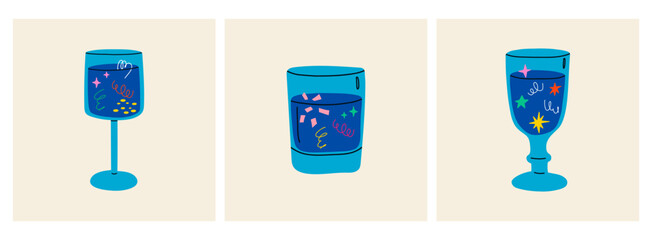 Cocktails. An illustration of drinks in different types of glasses. Hand drawn Vector set.