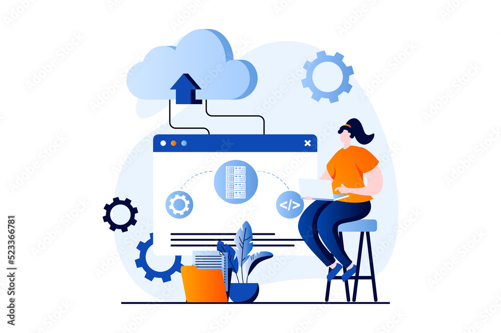 Poster SaaS concept with people scene in flat cartoon design. Woman works on laptop, programming, computing processes using cloud technology. Software as a service. Illustration visual story for web