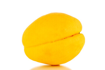 One bright yellow juicy pineapple apricot, macro, isolated on a white background.