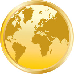 World map on a shiny gold coin.