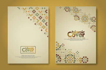 Islamic cover background template with ornamental colorful detail of floral mosaic islamic art ornament