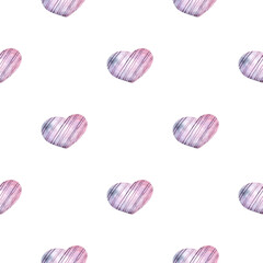 Watercolor pattern with purple hearts on a white background