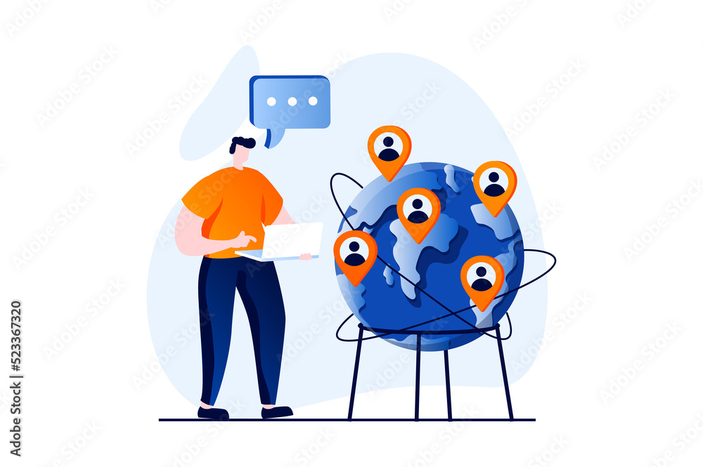 Poster social network concept with people scene in flat cartoon design. man communicates online with differ