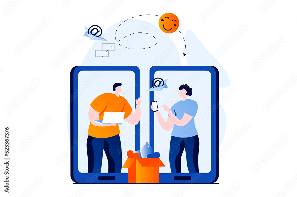 Aufkleber Social network concept with people scene in flat cartoon design. Man and woman communicate online, send messages and gifts to each other using mobile apps. Illustration visual story for web