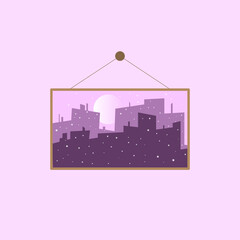 Simple night snowing city painting or picture in image frame on a wall isolated in violet colors. Vector illustration in flat design. Modern poster