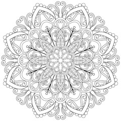 Colouring page, hand drawn, vector. Mandala 69, ethnic, swirl pattern, object isolated on white background.