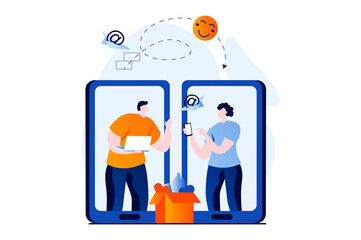 Social network concept with people scene in flat cartoon design. Man and woman communicate online, send messages and gifts to each other using mobile apps. Illustration visual story for web