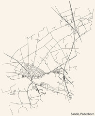 Detailed navigation black lines urban street roads map of the SANDE DISTRICT of the German regional capital city of Paderborn, Germany on vintage beige background