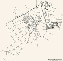 Detailed navigation black lines urban street roads map of the WEWER DISTRICT of the German regional capital city of Paderborn, Germany on vintage beige background