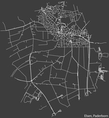 Detailed negative navigation white lines urban street roads map of the ELSEN DISTRICT of the German regional capital city of Paderborn, Germany on dark gray background