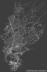 Detailed negative navigation white lines urban street roads map of the SCHLOSS NEUHAUS DISTRICT of the German regional capital city of Paderborn, Germany on dark gray background