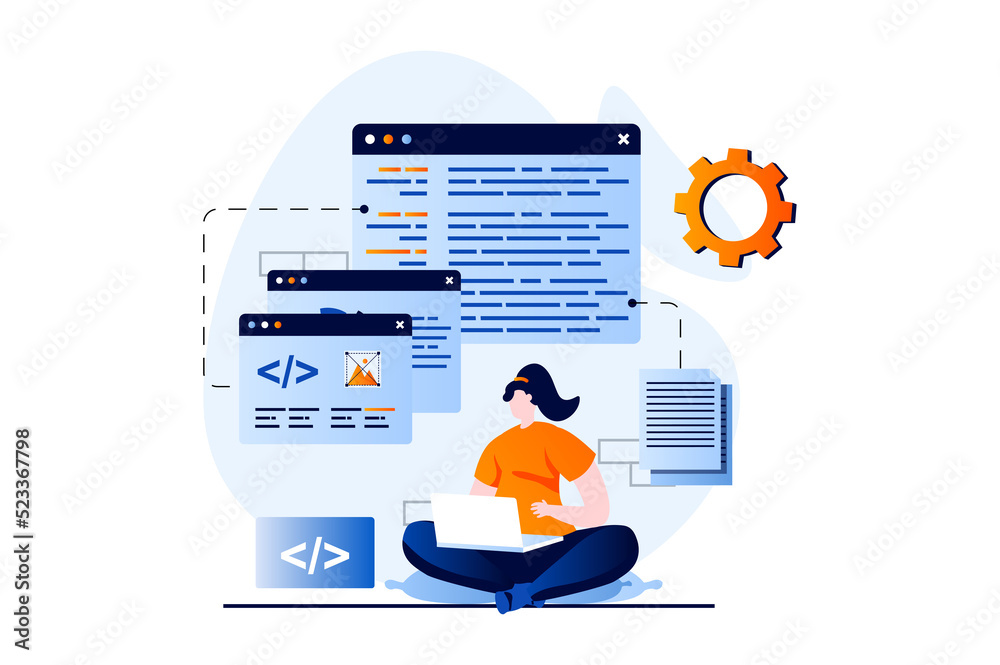 Poster software development concept with people scene in flat cartoon design. woman working, optimizes code