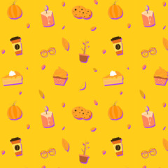 Vector repeated autumn pattern with autumn elements: foliage, pimpkin cupcake glasses coffee candle plant cookies on yellow background with violet shadows. Holidays thanksgiving halloween Flat design