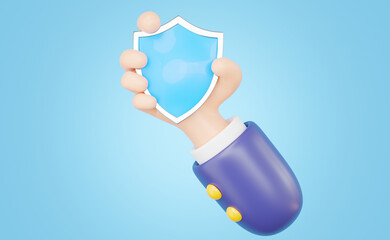 3d Data security protection icon. Businessman hand holding shield floating on blue background. Protect business data network security computer concept. Cartoon minimal style. 3d render illustration.