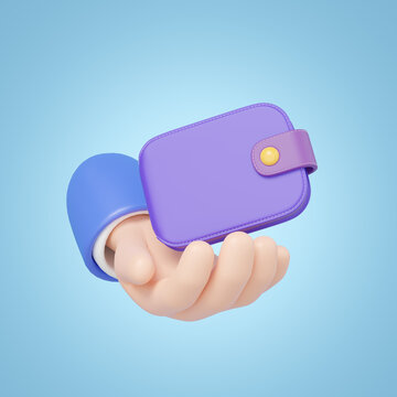 3D Wallet floating in hand isolated on blue background. Business man holding purple purse icon. Mobile banking, online service, cashback, refund, loan concept. Saving money wealth. Cartoon 3d render.