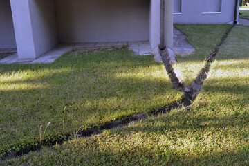 A metal pipe for draining water against the background of a building wall. Concrete trench on a green grassy carpet for water drainage.