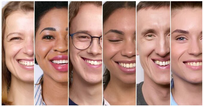 Collage of a group of smiling multiethnic people. Close-up portraits of happy African and Caucasian men and women.